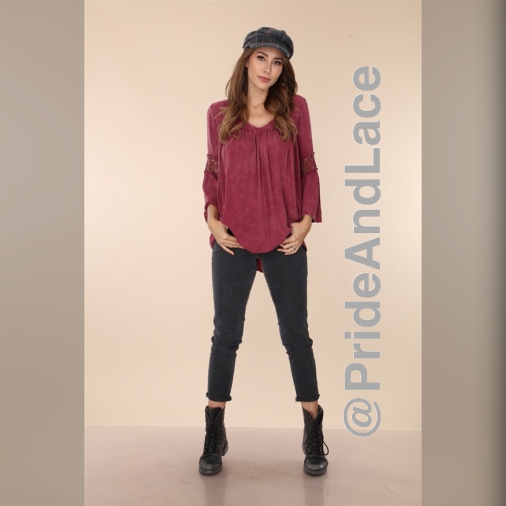 🤍WINE ACID WASH 3/4 TRUMPET SLEEVE BLOUSE - Picture 4 of 4
